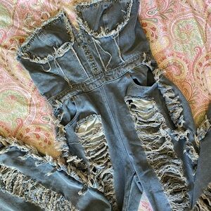 Distressed Denim Jumpsuit with Studs